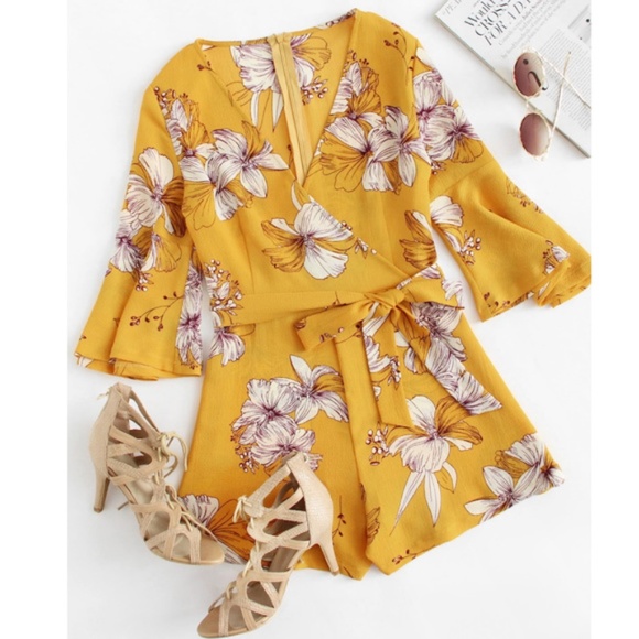 Pants - Sunny Gold Floral Tie Waist Romper w/ bell sleeve